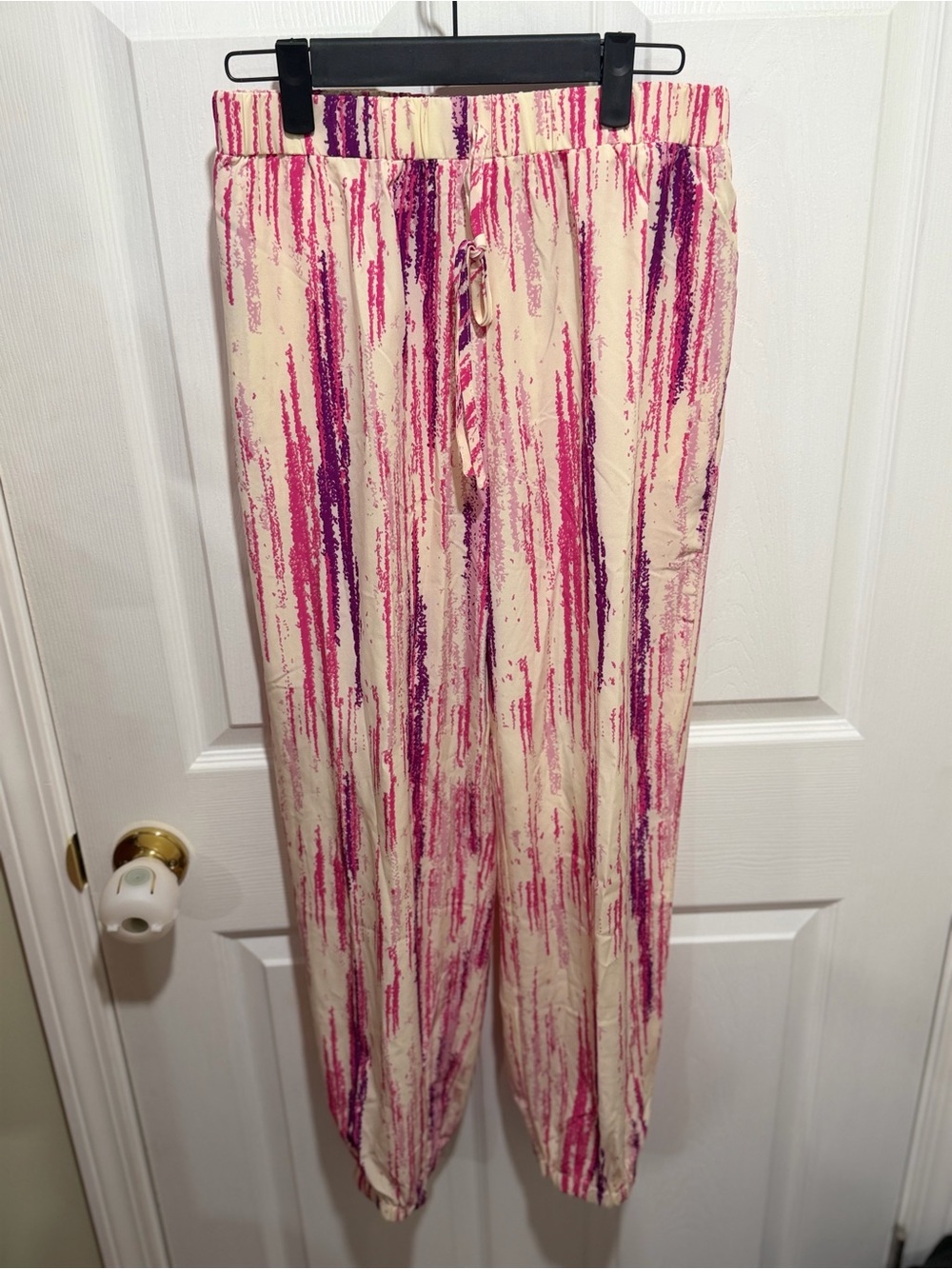 Drawstring Pants - Cream with Pink & Purple Stripe